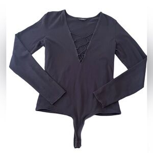 Guess Black Lace-Up Neckline Bodysuit